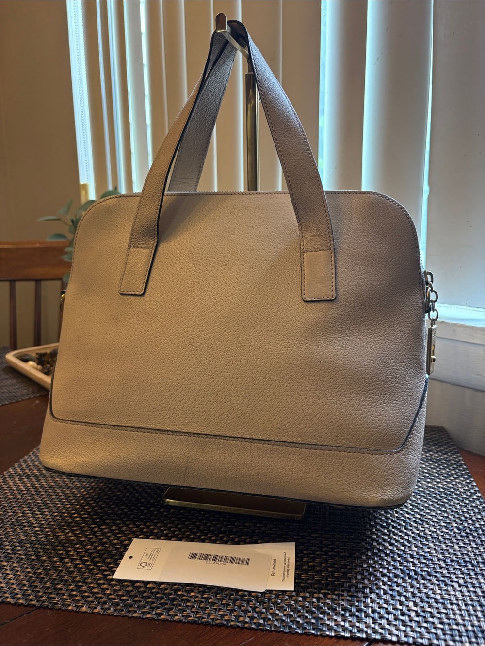 Celine Paris dome zip around satchel bag in cream leather and gold tone hardware